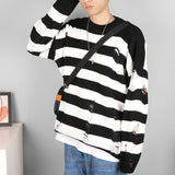 AIDASE  -  Black Stripe Sweaters Destroyed Ripped Sweater Men Pullover Hole Knit Jumpers Men Oversized Sweatshirt Harajuku Long Sleeve Tops aidase-shop