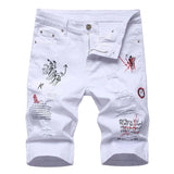 AIDASE  -  Men's Letters Printed Embroidery Denim Shorts Summer Holes Ripped Jeans Slim Stretch Breeches Black White aidase-shop