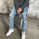 AIDASE  -  Cashew Flower Patch Fake Hole Ripped Jeans Mens Autumn Retro Vintage Black Blue Jeans High Street Slim Skinny Jeans Pencil Pants aidase-shop