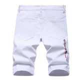 AIDASE  -  Men's Letters Printed Embroidery Denim Shorts Summer Holes Ripped Jeans Slim Stretch Breeches Black White aidase-shop