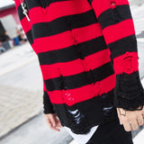 Aidase Black Red Striped Sweaters Washed Destroyed Ripped Sweater Men Hole Knit Jumpers Men Women Oversized Sweater Harajuku
