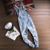 AIDASE  -  Men's light blue slim snow washed denim bib overalls for tall big Plus size hole ripped suspenders jumpsuits Cargo torn jeans