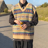 Aidase New Arrivals Japanese Retro Knitted Sweater Vest Men Ethnic Style Patchwork Loose Handsome Waistcoat V-neck Sweater Oversize aidase-shop