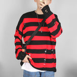 AIDASE  -  Black Stripe Sweaters Destroyed Ripped Sweater Men Pullover Hole Knit Jumpers Men Oversized Sweatshirt Harajuku Long Sleeve Tops aidase-shop