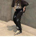 AIDASE  -  Cross Jeans Men and Women Trendy Brand Straight Loose Wide Let Pants American Streetwear Retro Vintage Long Black aidase-shop