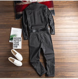 AIDASE  -  Men's long sleeve zippers pockets cargo jumpsuits with belt Casual trendy pants set Overalls Gray Black aidase-shop