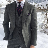 Aidase Gray Wool Tweed Winter Men Suit's For Wedding Formal Groom Tuxedo Herringbone Male Fashion 3 Piece Suit (Jacket + Vest + Pants)