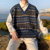 Aidase New Arrivals Japanese Retro Knitted Sweater Vest Men Ethnic Style Patchwork Loose Handsome Waistcoat V-neck Sweater Oversize aidase-shop