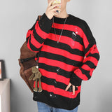 AIDASE  -  Black Stripe Sweaters Destroyed Ripped Sweater Men Pullover Hole Knit Jumpers Men Oversized Sweatshirt Harajuku Long Sleeve Tops aidase-shop