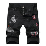 AIDASE  -  Men's Letters Printed Embroidery Denim Shorts Summer Holes Ripped Jeans Slim Stretch Breeches Black White aidase-shop