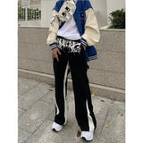 AIDASE  -  Letter Spine Embroidery Cargo Pants Mens High Street Hip Hop Patchwork Jeans Loose Straight Wide Leg Full Length Black Denim aidase-shop