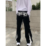 AIDASE  -  Letter Spine Embroidery Cargo Pants Mens High Street Hip Hop Patchwork Jeans Loose Straight Wide Leg Full Length Black Denim aidase-shop