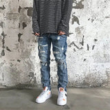 AIDASE  -  Cashew Flower Patch Fake Hole Ripped Jeans Mens Autumn Retro Vintage Black Blue Jeans High Street Slim Skinny Jeans Pencil Pants aidase-shop