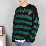AIDASE  -  Black Stripe Sweaters Destroyed Ripped Sweater Men Pullover Hole Knit Jumpers Men Oversized Sweatshirt Harajuku Long Sleeve Tops aidase-shop