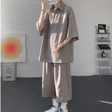 AIDASE  -  Casual Men Two-piece Lapel Short Sleeve Solid Color Male T-shirt Fashion Loose Shorts Fashionable Versatile Sets 21E5888 aidase-shop