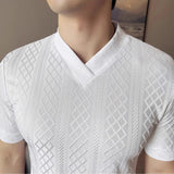 AIDASE  -  Men's Slim V-Neck Spring Summer Stretch Knit Top  Geometric Texture, Breathable Layering Base for Casual & Smart-Casual Outfits aidase-shop