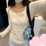 AIDASE  -  Autumn Winter Cotton Floral Print Slim Fit Long Sleeve T-Shirt Sweet Rabbit Print Base Layer New Style Girl's Comfortable Top aidase-shop