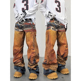 AIDASE  -  American High Street Trendy Brand 3D Digital Printing Multi-Waist Fake Hole Yellow Jeans Men Loose Straight Casual Pants aidase-shop