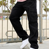 AIDASE  -  Men Khaki Wide Leg Pants Summer Male Button Pocket Loose Straight Cargo Full Trousers aidase-shop