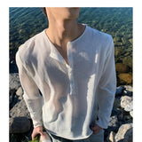 AIDASE  -  Blue Long Sleeve T-Shirt Button up Loose Base Layer Shirt for Men And Women Korean Design Spring Autumn Season Fashionable Ur... aidase-shop