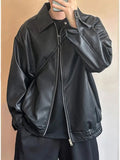 AIDASE  -  ex Loose Fit Pure Color Motorcycle Jaet PU Leather Flight Coat Street Sle Versatile Outerwear for Men And Women aidase-shop