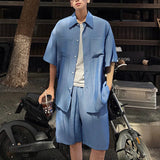 AIDASE  -  Summer Ice Silk Two Piece Men's Sets Shirt Trendy Summer Fashion Solid Color Single Breast Male Set aidase-shop