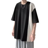 AIDASE  -  Summer Men's Plaid Short Sleeved T-shirt Contrasting Patchwork Retro Top Loose Casual Round Neck Male Pullover aidase-shop