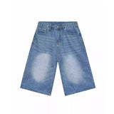 Aidase Retro Blue Brushed Denim Shorts Men Distressed Whiskers Wide Leg Pants Frayed Baggy Jeans Jorts Korean Y2k Streetwear