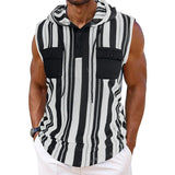 AIDASE  -  Striped Hooded Vest Men Sleeveless Pocket Drawstring Hoodie Tshirts Summer Fashion Outdoor Sports Tank Tops Coat Waistcoat