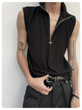 AIDASE  -  Summer Darkwear Niche Design Trendy Zipper Shoulder Padded Vest Sleeveless 2024 Solid Color Sleeveless Male Tops 24E1260 aidase-shop