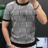 Aidase Diamond Check Contrast Knit T-Shirt High Elasticity Short Sleeve Slim Bottomed Tshirt Men Top Quality Streetwear Knitted Top aidase-shop
