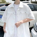 AIDASE  -  American Style Male Shirts Loose Chic Lapel Versatile Short Sleeve Zipper Shirt Metal Decoration Solid Color Shirt 21E6870 aidase-shop