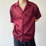 Aidase Summer Men's Stylish Shirt Cuban collar Satin Silk Wine Red Dress Shirts Short Sleeve Tops Wedding Prom Party Holiday Blouse Man