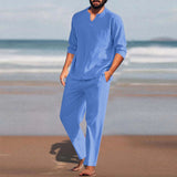 AIDASE  -  Man Tuxedo Men Pieces Cotton Linen Set Shirt Long Sleeve And Casual Beach Pants Summer Yoga Outfits Man Suit Men'S Matching Sets