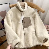 Aidase Autumn and Winter Japanese Men's and Women's Fleece Stand Neck Jacket Couple Zipper Loose Warm Lamb Wool Coat Solid Color Jacket aidase-shop