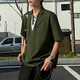 AIDASE  -  Men Shirt Lapel Short Sleeve Patchwork Lace Up Casual Men Clothing Streetwear Korean Style Summer Fashion Male Tops aidase-shop