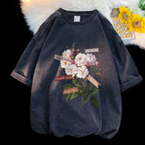 Aidase Vintage Flowers Graphic Print T-shirt Gothic Men Tshirts Washed Short Sleeved Man Tops Round Neck General Tee aidase-shop