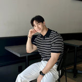 Aidase Summer Men's Casual Business Luxury V Neck Knit Polo Shirt Korean Striped Short Sleeve Retro Breathable Fashion Leisure Knitwear