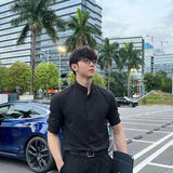 AIDASE  -  Men's Light Mature Shirt Stand Up Collar Slim Three Quarter Sleeves Male Blouse No Ironing Business Ice Silk Long Sleeved Top aidase-shop