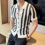 Aidase Slim Fit Men's Lapel Short Sleeve Shirt, Youth Stripes Cardigan, Stretchable, Breathable M-4XL Men's Striped Cardigan aidase-shop