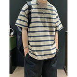AIDASE  -  Fashion O-Neck Short Sleeve Casual Striped T-Shirts Men Clothing Summer New Loose Korean Pullovers Tops All-match Tee Shirt aidase-shop