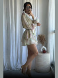 AIDASE  -  Printed Lace Patchwork Chiffon Waist Mini Dress Women Elegant Round Neck Long Sleeve Bodycon Short Dresses 2025 New Summer Robe aidase-shop