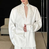 AIDASE  -  Pearl Flower Design Men's Shirts Stand Collar Diamond Solid Color Long Sleeve Cloth Loose Covered Button Male Tops aidase-shop