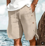 AIDASE  -  Men's Solid Color Drawstring Shorts 100% Cotton Summer Thin Loose Beach Shorts with Side Buttons Linen-Like Breathable Pockets aidase-shop