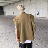 AIDASE  -  Autumn Men's Zipper Sleeveless Denim Jackets Outwear Streetwear Khaki Cargo Vest Coats New Hip Hop Fashion Working Clothes aidase-shop