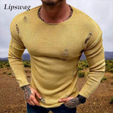 AIDASE  -  Vintage Hollow Out Ripped Sweaters Men 2025 Autumn New Casual Long Sleeve Slim Knitted T Shirts Men's Fashionable Slim Jumpers aidase-shop
