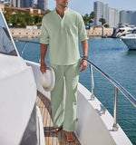 AIDASE  -  Men's Cotton and Linen Shirt Long Pants Two-piece Set Fashionable Henry Collar Long Sleeved Shirt Casual Vacation Beach Pants aidase-shop
