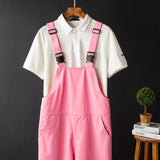 AIDASE  -  Men Pink Bib Overalls Casual Adjustable Suspenders Jumpsuits Y2K Loose Straight Pants aidase-shop