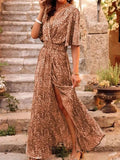 AIDASE  -  Spring Summer Floral Print Slimming Waist Midi Dress Elegance Short Sleeve V-Neck Dress Regular Sleeve Length Ankle-Length aidase-shop