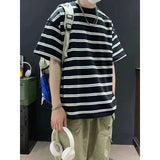 AIDASE  -  Fashion O-Neck Short Sleeve Casual Striped T-Shirts Men Clothing Summer New Loose Korean Pullovers Tops All-match Tee Shirt aidase-shop